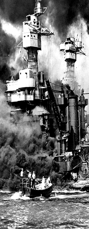 Sneak attack on an American navel base in the Pacific.   "Sailors in a motor launch rescue a survivor from the water alongside the sunken USS West Virginia (BB-48) during or shortly after the Japanese air raid on Pearl Harbor.   USS Tennessee (BB-43) is inboard of the sunken battleship.  Note extensive distortion of West Virginia's lower midships superstructure, caused by torpedoes that exploded below that location." - KaieteurNewsOnline  