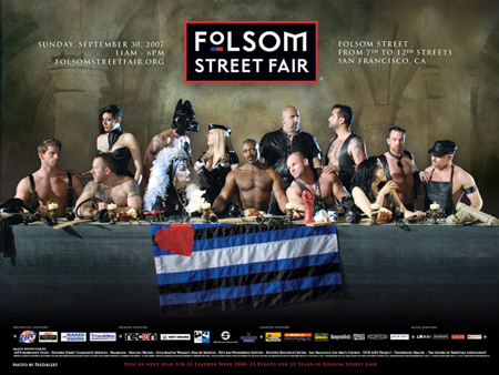 The ad is promoting the Folsom Street Fair in San Francisco -- essentially a multi-city block party for homosexuals. It shows a group of men and women scantily clad, at a long table, laden with sex toys and sado-masochistic implements.