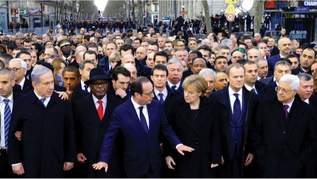 Photo of Paris unity march of January 2015 over murders by Muslim terrorists of French newspaper journalists that published cartoons of Muslim religious figures, 12 of them shot and murdered in front of their employees. All the major European leaders, along with Israeli Prime Minister, were in attendance at the protest march with President Obama refusing to acknowledge the event by not attending.  - Webmaster 