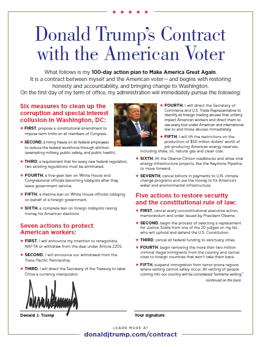 On November 8th, Americans will be voting for this 100-day plan to restore prosperity to our economy, security to our communities, and honesty to our government. -  DonaldTrump.com 