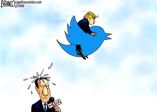 "Media is in a tizzy over Trump tweeting, going over their head and directly to the people making it harder to control the narrative."  Cartoon by A.F. Branco 2016