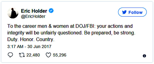 "Eric Holder, Obama's former Attorney General and a man who recently hinted at an interest in pursuing a 2020 bid for the White House, issued a rather ominous warning to the 'career men & women' of the DOJ/FBI last night saying that their 'actions and integrity will be unfairly questioned' before calling upon them to 'be prepared, be strong.'" - Zero Hedge 