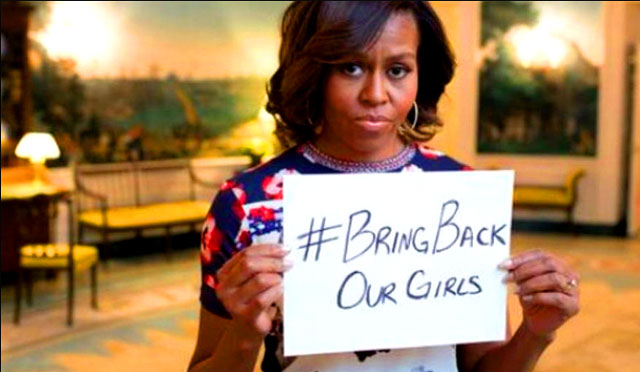 "First lady Michelle Obama got in the game of pleading for the safe return of the 200-plus Nigerian girls abducted from their Nigerian families by radical Boko Haram members — with a Twitter photograph of herself holding a sign and wearing a sad face." - Washington Times