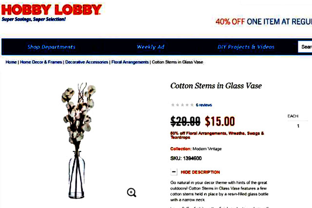 "A Texas woman was drawn into an intense racial debate on Hobby Lobby's public Facebook page after she took offense to the company selling cotton stems.  In what appears to be a now deleted Facebook post, Daniell Rider, of Killeen, claims the store's cotton stalks were 'WRONG on SO many levels.  There is nothing decorative about raw cotton... A commodity which was gained at the expense of African-American slaves. A little sensitivity goes a long way,' Rider wrote on Facebook, according to CBS 7. 'PLEASE REMOVE THIS 'decor.'" - Breitbart 