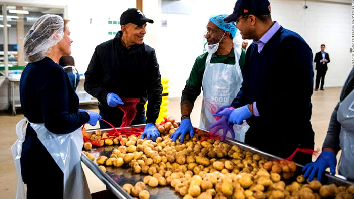 "According to ABC 7 Chicago, arguably the best president to step his Florsheims in the Oval Office dropped by Tuesday to help some 60 volunteers pack 'food to be sent to the food bank’s network of 700 community distribution sites throughout Chicago and Cook County.' Just like his presidency was, the cheesy *******’s life is just one big 'Look At Me' reality show." - Diogenes Middle Finger 