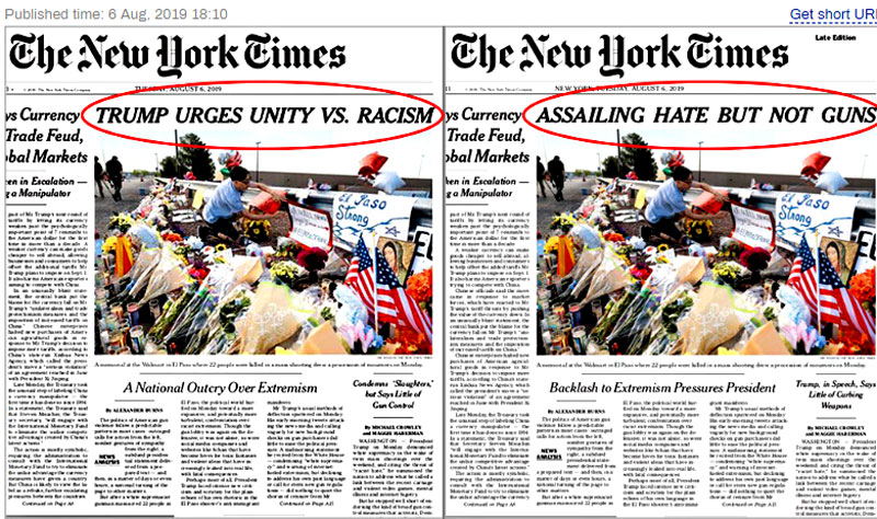 The New York Times was forced to alter its front page headline after it was savaged online by high-profile Democrats who didn't like how the paper framed President Donald Trump's speech about mass shootings. - RT News 