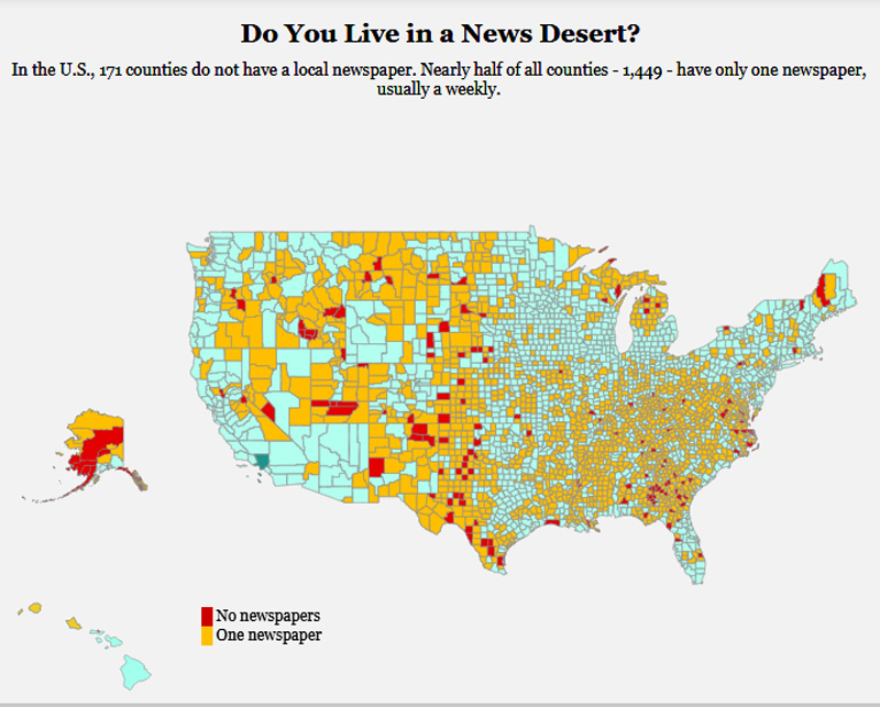 Scroll down to embedded link to use interactive map of the newspaper desert in America. - Webmaster  (Graphics by TitleMax.)  