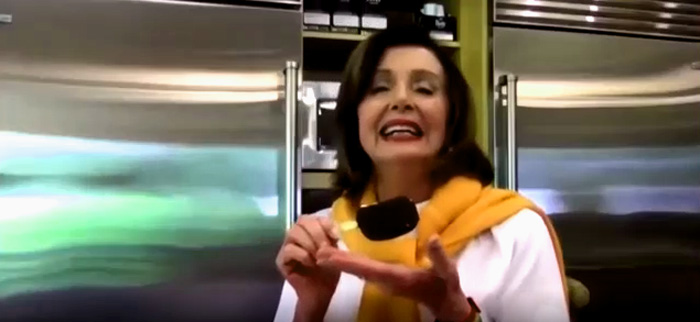 While Americans are straving from sudden lost of jobs, Nancy goes on vacation at home refusing to come to Washington to sign financial help bill for businesses, taking time to show off her full freezer of gormet ice cream. 