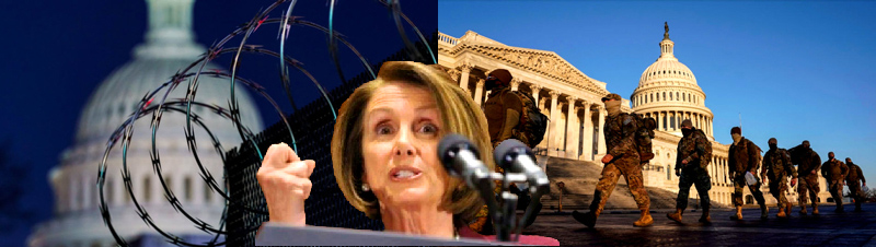 Collage contains a photo of razer wire from the BBC and the photo of the troops march around the Capitol Building. - Webmaster  