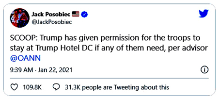 "According to CNN, one Guardsman said that they are now allowed to rest in the US Capitol Visitor Center.  Meanwhile, Donald Trump has reportedly given permission for troops to stay at Trump Hotel DC if needed." - Zero Hedge 