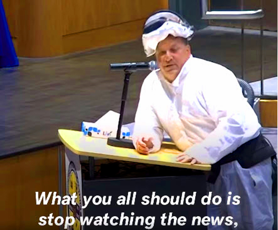 "Scott Brady, who runs a painting business, told attendees 'This is what you wear in an outbreak,' after showing up to a Springfield School Board meeting in Pennsylvania wearing a hazmat suit to argue against a school mask mandate." - Facebook 