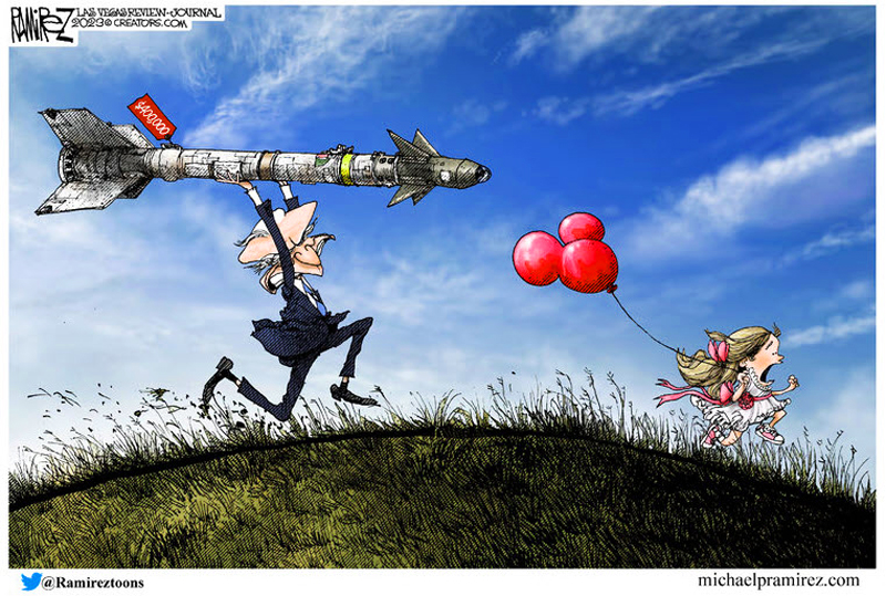 "Two-time Pulitzer Prize winner Michael Ramirez combines an encyclopedic knowledge of the news with a captivating drawing style to create consistently outstanding editorial cartoons. 'Editorial cartoons should be smart and substantive, provocative and informative. They should stir passions and deep emotions. Editorial cartoons should be the catalyst for thought, and frankly speaking, if you can make politicians think, that is an accomplishment in itself.'" - Michael Ramirez