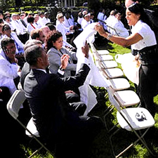 A sea of 150 white-coated doctors, all enthusiastically supportive of the president and representing all 50 states, looked as if they were at a costume party as they posed in the Rose Garden before hearing Obama's pitch for the Democratic overhaul bills moving through Congress.  