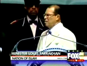 "A black man with a white mother became a savior to us. A black man with a white mother could turn out to be one who can lift America from her fall," former Nation of Islam Minister Louis Farrakhan said Sunday.  