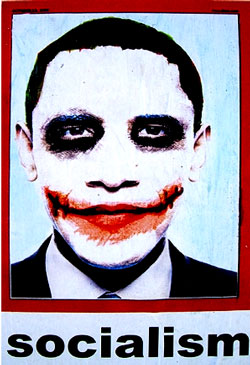 A poster of Barack Obama in Heath Ledger-style Joker make-up with the legend 'Socialism' beneath it has been popping up recently on surfaces around L.A. It does not appear to be in the same category as the many benign take-offs on the Shepard Fairey 'Hope' poster, such as the one by Australian James Lillis, (more of a straightforward spoof that merely substituted a Shepardized image of Heath Ledger as Joker on the Obama poster).   Also seen in Hollywood area.  