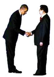 President Barack Obama greets Chinese President Hu Jintao during the official arrivals for the Nuclear Security Summit in Washington, Monday April 12, 2010. 