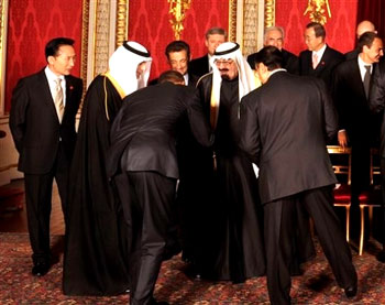 It was a very discomforting moment for me and other Americans who (1) don't think an American president should bow to any King and (2) no American, president or otherwise, should bow to a King who oversees a Wahhabist state which seeks to export Shariah law and violence against anyone who is not Male and not from the same extreme form of Islam.  