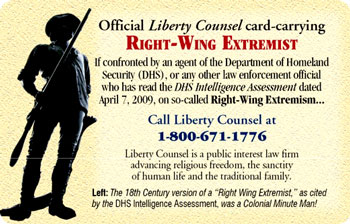 The card pictures a Minute Man, with the statement, "The 18th Century version of a Right Wing Extremist, as cited by the DHS Intelligence Assessment, was a Colonial Minute Man!"   