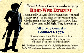 The card pictures a Minute Man, with the statement, "The 18th Century version of a Right Wing Extremist, as cited by the DHS Intelligence Assessment, was a Colonial Minute Man!"