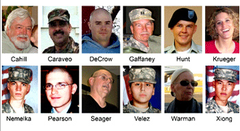 These twelve U.S. military personnel (plus one civilian) murdered by Islamic jihadist Army Major Nidal Malik Hasan at Fort Hood in Texas on November 5, 2009 have not been awarded the Purple Heart, and neither has Army Private William Long, who was murdered by Islamic jihadist Abdulhakim Mujahid Muhammad in Little Rock, Arkansas on June 1, 2009.   