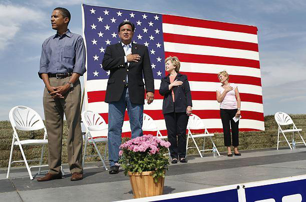 Demcrat candidates at a Steak Fry in Indianola, IA, during the playing of our National Anthem. 